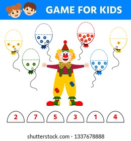 Education logic game for preschool kids. Clown and balloons. Children funny riddle entertainment.  Vector illustration