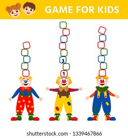 Education logic game for preschool kids. Clown. Children funny riddle entertainment.  Vector illustration
