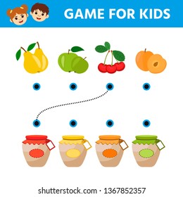 Education logic game for preschool kids. Kids activity sheet.   Combine a jar of jam with fruit. Children funny riddle entertainment. Vector illustration