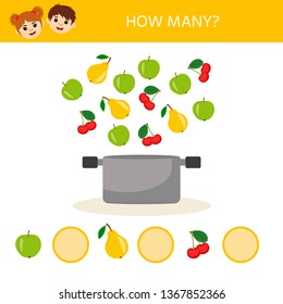 Education logic game for preschool kids. Kids activity sheet. Count how many fruits.  Children funny riddle entertainment. Vector illustration