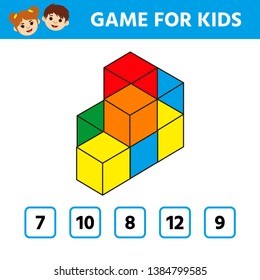 Education logic game for preschool kids. Kids activity sheet. Count the number of cubes. Children funny riddle entertainment. Vector illustration