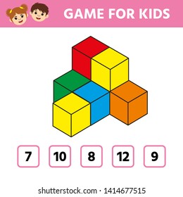 Education logic game for preschool kids. Kids activity sheet. Count the number of cubes. Children funny riddle entertainment. Vector illustration