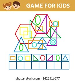 Education logic game for preschool kids. Kids activity sheet. Count the number  geometric figures. Children funny riddle entertainment. Vector illustration