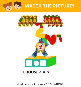 Education logic game for preschool kids. Choose  > = <. Clown and parrots. Children funny riddle entertainment. Kids activity sheet