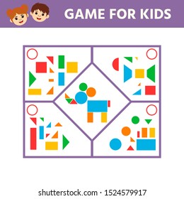 Education logic game for preschool kids. Connect the details and animals of geometric shapes.  Preschool worksheet activity. Children funny riddle entertainment. Vector illustration 