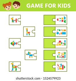 Education logic game for preschool kids. Connect the details and animals of geometric shapes.  Preschool worksheet activity. Children funny riddle entertainment. Vector illustration 