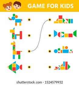 Education logic game for preschool kids. Connect the details and animals of geometric shapes.  Preschool worksheet activity. Children funny riddle entertainment. Vector illustration 