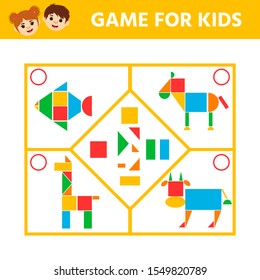 Education logic game for preschool kids. Connect the details and animals of geometric shapes. Preschool worksheet activity. Children funny riddle entertainment. Vector illustration