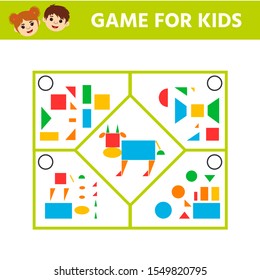 Education logic game for preschool kids. Connect the details and animals of geometric shapes. Preschool worksheet activity. Children funny riddle entertainment. Vector illustration