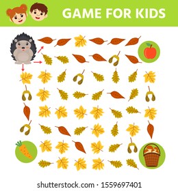 Education logic game for preschool kids. Kids activity sheet. Funny maze for children. Feed the hedgehog. Children funny riddle entertainment.