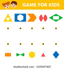 Education logic game for preschool kids. Kids activity sheet. Geometric shapes set to find the second half. Game to compare and connect objects. Children funny riddle entertainment. 