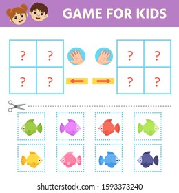 Education logic game for preschool kids. Illustration of cute color fish. Preschool worksheet activity. Children funny riddle entertainment. 