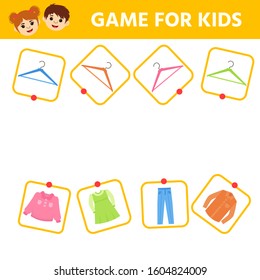 Education logic game for preschool kids. Kids activity sheet. Match of hangers and clothes. Pick by color. Children funny riddle entertainment.