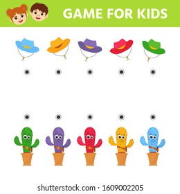 Education logic game for preschool kids. Kids activity sheet. Find color matching. Cute cactuses with cowboy hat. Children funny riddle entertainment. 