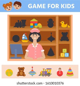 Education logic game for preschool kids. Kids activity sheet. Find the right shadow. Kids toys on shop shelves.  Children funny riddle entertainment. 