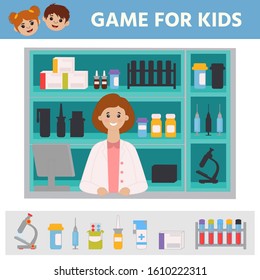 Education logic game for preschool kids. Kids activity sheet. Find the right shadow. Pharmacy. Set of medical items. Children funny riddle entertainment.