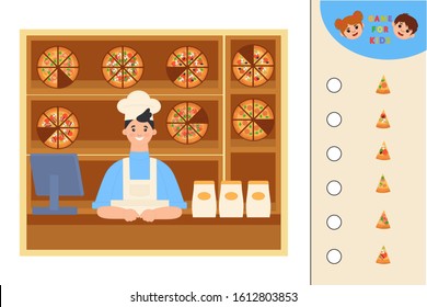 Education logic game for preschool kids. Kids activity sheet. Find the right shadow. Pizza.  Children funny riddle entertainment. 