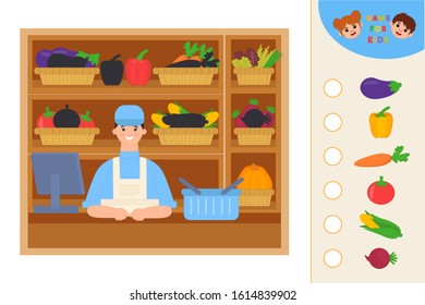 Education logic game for preschool kids. Kids activity sheet. Find the right shadow. Vegetables on shop shelves.  Children funny riddle entertainment. 