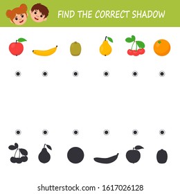 Education logic game for preschool kids. Kids activity sheet. Count the fruits.  Children funny riddle entertainment.