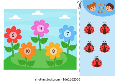 Education logic game for preschool kids. Kids activity sheet. Find color matching. Plant a ladybug on a flower. Children funny riddle entertainment. 