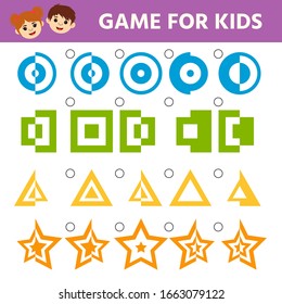 Education logic game for preschool kids. Kids activity sheet. Find figure matching. Iq test. Children funny riddle entertainment. Vector illustration