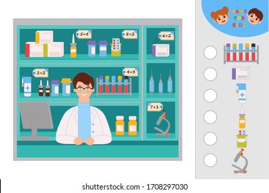 Education logic game for preschool kids. Kids activity sheet. Calculate the cost of goods at the pharmacy. Medicines, tablets, microscope on shelves. Children funny riddle entertainment.