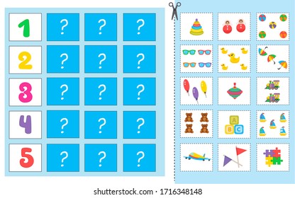 Education logic game for preschool kids.  How many objects task, Puzzle. lotto. Learning mathematics, numbers. Kids activity worksheet.