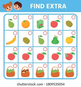 Education logic game for preschool kids. Find extra object in sequence row. Vegetables and fruits. Vector illustration.