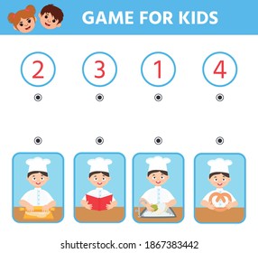 Juego de lógica educativa para niños de preescolar. Hoja de actividades para niños. Organizar el orden de los escalones de cocción. Cocinar. Los niños divertidos entretenimientos. Ilustración del vector