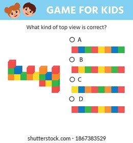 Education logic game for preschool kids. Kids activity sheet. What a top view does the tower of cubes have. Children funny riddle entertainment. Vector illustration