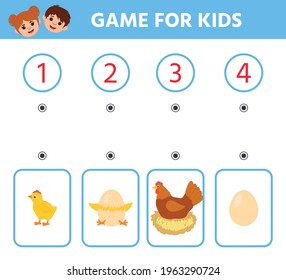 Education logic game for preschool kids. Chicken life cycle. Arrange in order. Printable worksheet. Children funny riddle entertainment