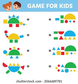 Education logic game for preschool kids. Kids activity sheet. Dinosaur. Find figure matching. Iq test. Children funny riddle entertainment. Vector illustration