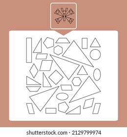 Education logic game for preschool kids for the development of logical thinking. Connect the details and colorful geometric shapes. Preschool worksheet activity. Children funny riddle entertainment