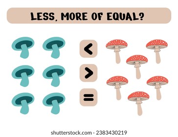 Education logic game for preschool kids.  Choose the correct answer. More, less or equal with forest mushrooms.  Vector illustration isolated on white background.