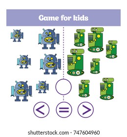 Education logic game for preschool kids. Choose the correct answer. More, less or equal Vector illustration. Theme robots.