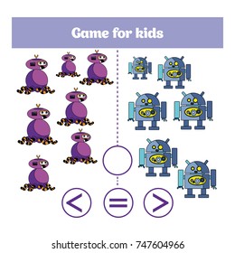 Education logic game for preschool kids. Choose the correct answer. More, less or equal Vector illustration. Theme robots.