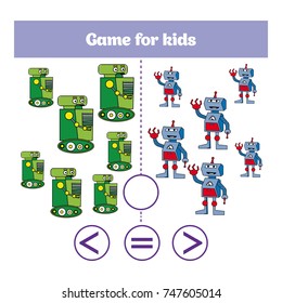 Education logic game for preschool kids. Choose the correct answer. More, less or equal Vector illustration. Theme robots.