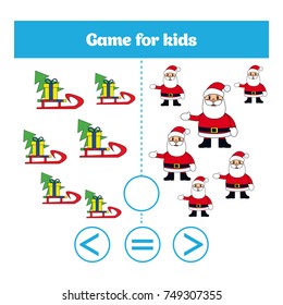 Education logic game for preschool kids. Choose the correct answer. More, less or equal Vector illustration. Christmas Xmas and New Year holidays design