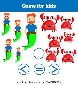Education logic game for preschool kids. Choose the correct answer. More, less or equal Vector illustration. Theme mermaid sea, ocean, fish. 
