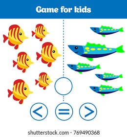 Education logic game for preschool kids. Choose the correct answer. More, less or equal Vector illustration. Theme mermaid sea, ocean, fish. 