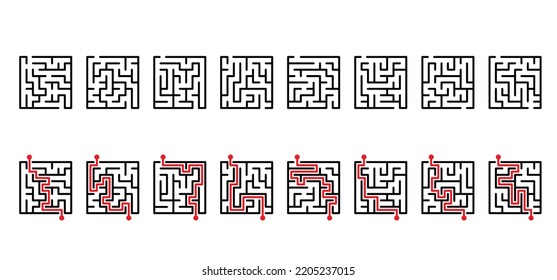 Education logic, labyrinth line. Black square maze. Vector. Find the way, labyrinth riddle. Black, white geometric pattern. labyrinth design. Maze tangled lines. Thinking game. Start, finish point