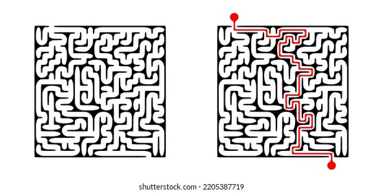 Education logic, labyrinth line. Black square maze. Vector. Find the way, labyrinth riddle. Black, white geometric pattern. labyrinth design. Maze tangled lines. Thinking game. Start, finish point