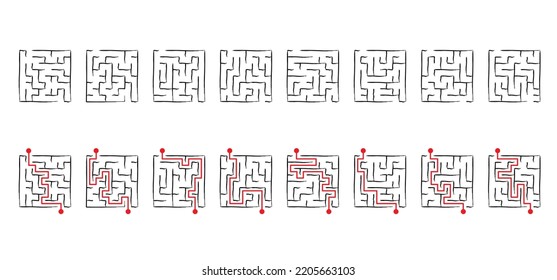 Education logic, labyrinth line. Black square maze. Vector. Find the way, labyrinth riddle. Black, white geometric pattern. labyrinth design icon. Maze tangled lines. Thinking game. 8 by 8 cells