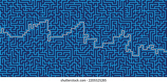 Education logic, labyrinth line. Blue square maze. Vector. Find the way, labyrinth riddle. Black, white geometric pattern. labyrinth design icon. Maze tangled lines. Thinking game banner