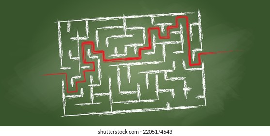 Education logic, School board green chalkboard and drawing labyrinth maze. vector. Find the way, labyrinth riddle. Thinking game for kids