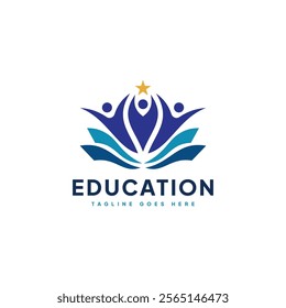 Education Logo with Abstract People, Open Book, and Star Icon in Blue and Gold