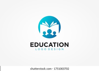 Education Logo. Blue Circle Shape with Negative Space Book Icon inside Combined with Human Icon isolated on White Background. Flat Vector Logo Design Template Element.