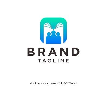 Education Logo. Blue Circle Shape with Negative Space Book Icon inside Combined with Human Icon isolated on White Background. Flat Vector Logo Design Template Element.