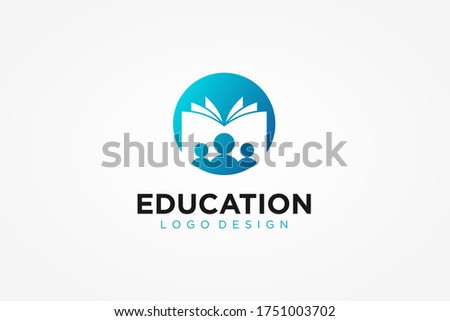 Education Logo. Blue Circle Shape with Negative Space Book Icon inside Combined with Human Icon isolated on White Background. Flat Vector Logo Design Template Element.