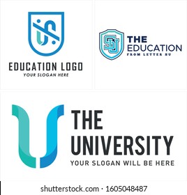 Education logo with blue people letter SU shield line art vector suitable for university organisation school student